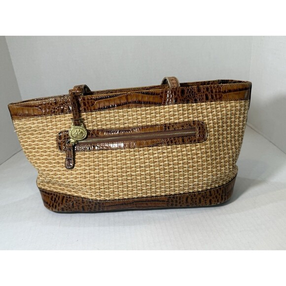 Brahmin Tisbury Collection Raffia Woven Straw Body Vintage & Croc Leather Trim - Picture 11 of 16